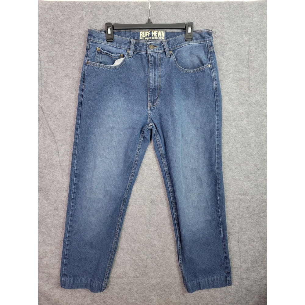 Ruff Hewn Mens 34x30 Retro Distressed Blue Denim Jeans Straight Leg Mid Rise